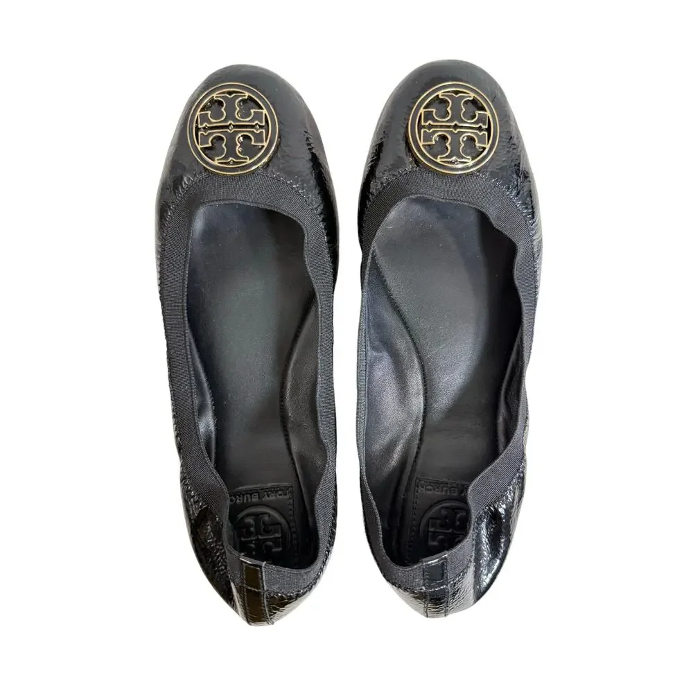 Tory Burch Caroline Ballet Flats Women’s 9 Black Patent Leather Logo Shoes